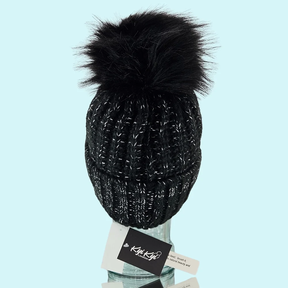 Kyi Kyi Hat Beanie Black Chunky Ribbed Cuffed Faux Fur Pom Pom Cottagecore Gift
